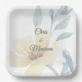 バタ淡い色のーイエローソフトブルーフローラ結婚ズ ペーパープレート (正面)