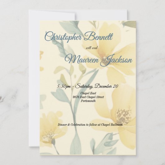 バタ淡い色のーイエローソフトブルーフローラ結婚ズ 招待状 (正面)