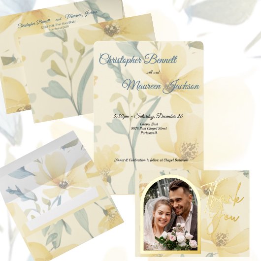 バタ淡い色のーイエローソフトブルーフローラ結婚ズ 招待状