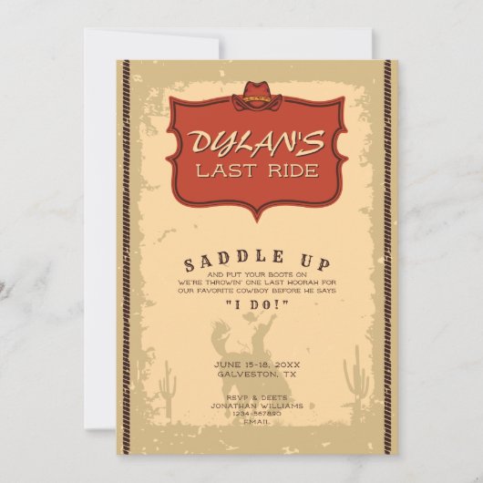 バチェラーラストライドウェスタンカウボーイテキサス州アドベンチャー 招待状 (正面)
