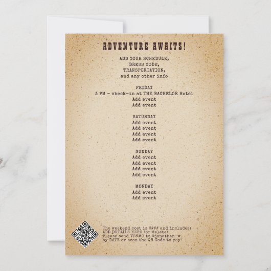 バチェラーラストRODEOウェスタンカウボーイテキサス州アドベンチャー 招待状 (裏面)