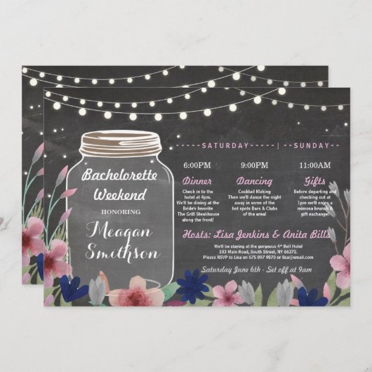 バチェロレッテのブライダルシャワーの旅程の瓶のチョーク 招待状 (正面/裏面)