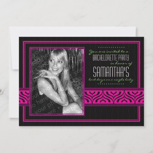 バチェロレッテの写真の招待状(黒及びピンク) 招待状 (正面)