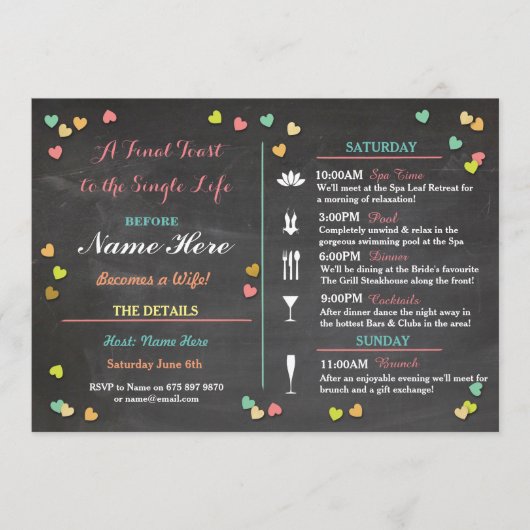 バチェロレッテの旅程の週末の雌鶏のブライダルシャワー プログラム (正面)