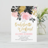 バチェロレッテの週末の赤面のピンクの黒の金ゴールドの花柄 招待状 (スタンド正面)