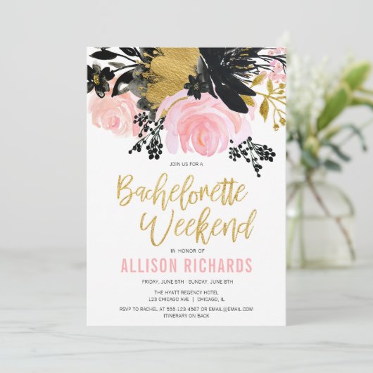 バチェロレッテの週末の赤面のピンクの黒の金ゴールドの花柄 招待状 (スタンド正面)