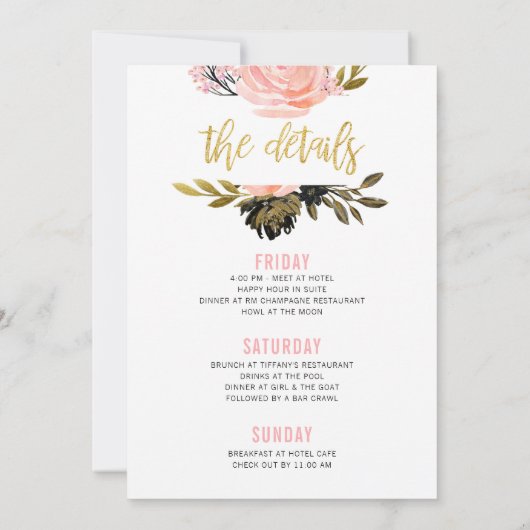 バチェロレッテの週末の赤面のピンクの黒の金ゴールドの花柄 招待状 (裏面)