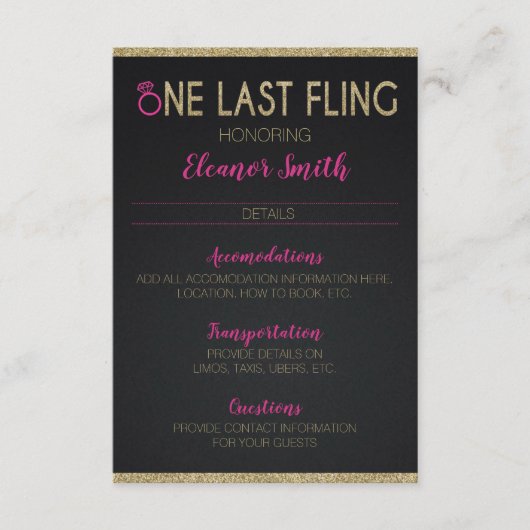 バチェロレッテまたはHensパーティー詳細 エンクロージャーカード (正面)