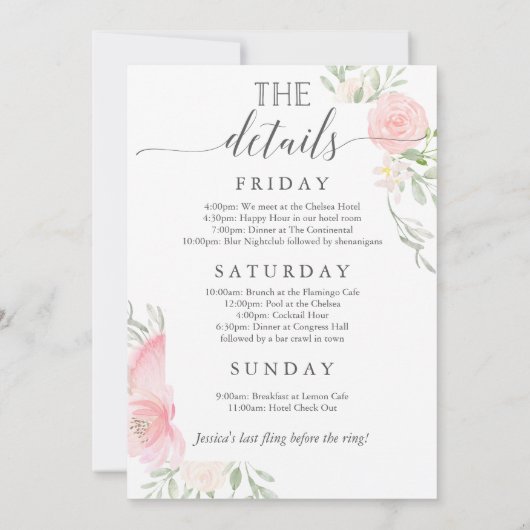 バチェロレッテウィークエンドイテナリーパステル赤面 招待状 (裏面)