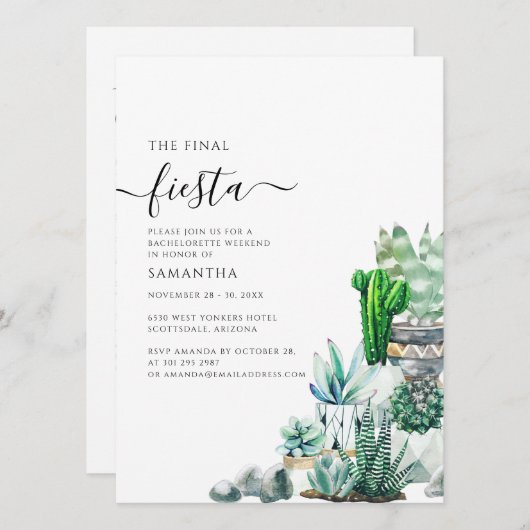 バチェロレッテウィークエンドパーティーと旅程カクティー 招待状 (正面/裏面)