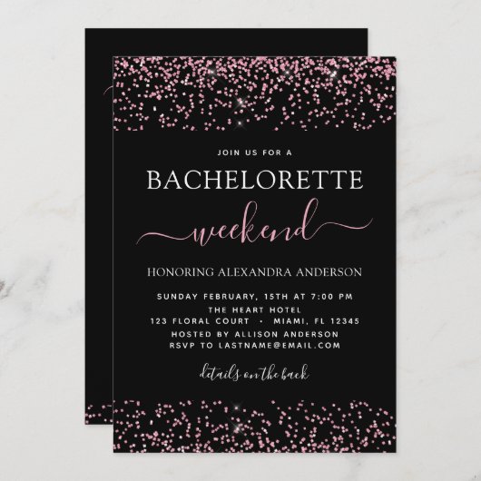 バチェロレッテウィークエンドパーティーピンクローズ金ゴールドグリッター 招待状 (正面/裏面)