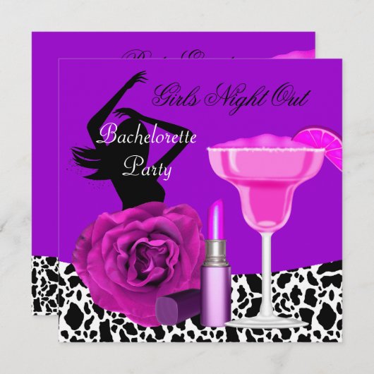 バチェロレッテガールズナイトアウトアニマルパープルパーティー 招待状 (正面/裏面)