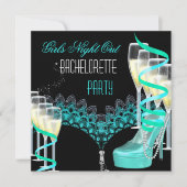 バチェロレッテガールズナイトアウトティール(緑がかった色)ブルーシャンパン 招待状 (正面)