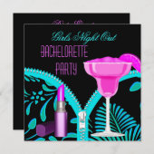 バチェロレッテガールズナイトアウトティール（緑がかった色）ホットピンク 招待状 (正面/裏面)