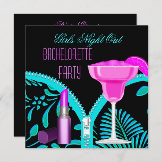 バチェロレッテガールズナイトアウトティール（緑がかった色）ホットピンク 招待状 (正面/裏面)