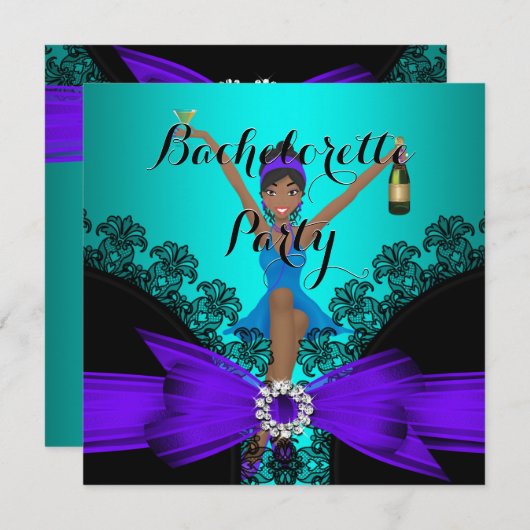 バチェロレッテティール(緑がかった色)パープルブラックレースおもしろい 招待状 (正面/裏面)