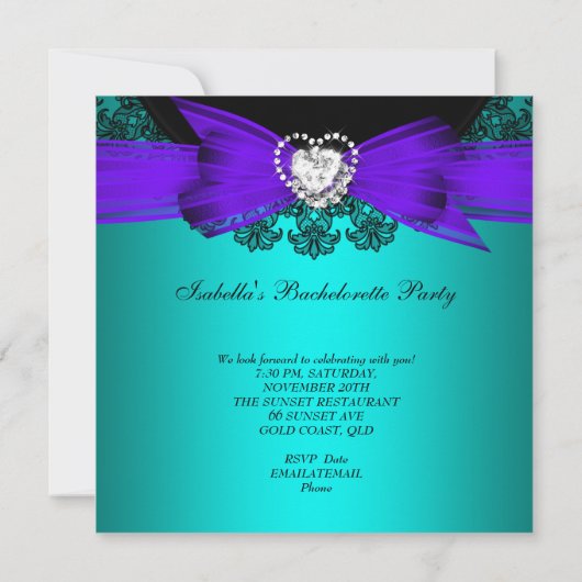 バチェロレッテティール(緑がかった色)パープルブラックレースおもしろい 招待状 (裏面)