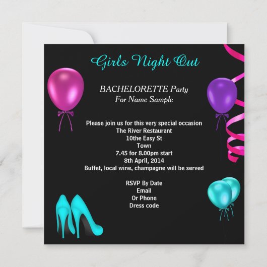 バチェロレッテティール(緑がかった色)ピンクブラックパープルハイヒールパーティー 招待状 (裏面)