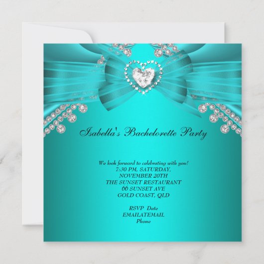 バチェロレッテティール（緑がかった色）ブルーダイヤモンドレースおもしろい 招待状 (裏面)
