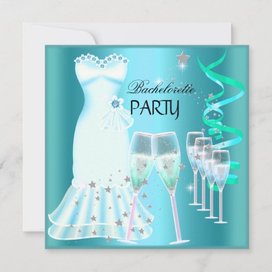 バチェロレッテティール(緑がかった色)ブルードレスシャンパン 招待状 (正面)