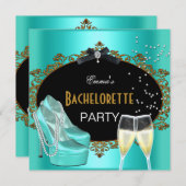 バチェロレッテティール(緑がかった色)ブルー金ゴールドブラックシューズ 招待状 (正面/裏面)