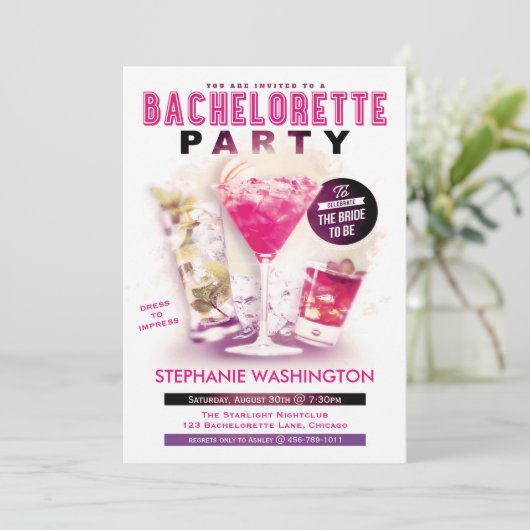 バチェロレッテピンクのマルティーニおよびカクテル 招待状 (スタンド正面)