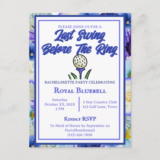 バチェロレッテブライダルシャワーゴルフブルーフラワー ポストカード (正面)
