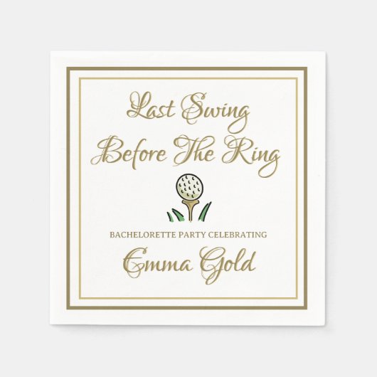 バチェロレッテブライダルシャワーゴルフ金ゴールド&ホワイト スタンダードカクテルナプキン (正面)