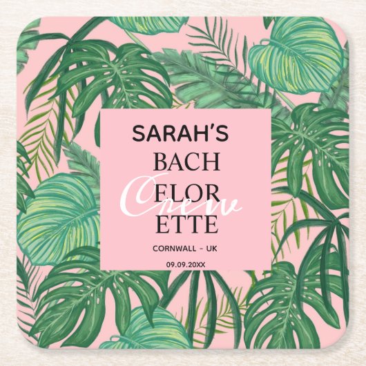 バチェロレッテブライダルパーティ熱帯パームピンク スクエアペーパーコースター (正面)
