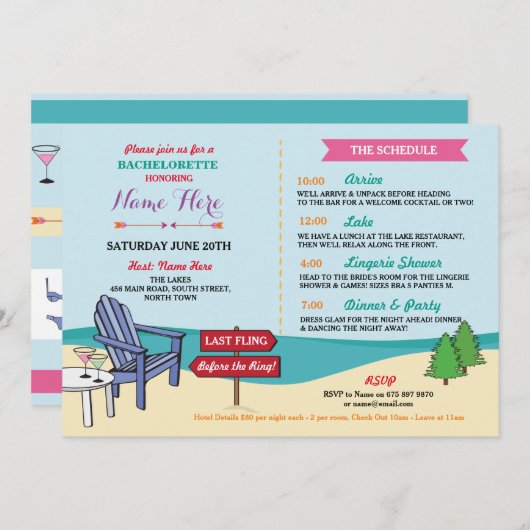 バチェロレッテ湖のブライダルシャワーの旅程 プログラム (正面/裏面)