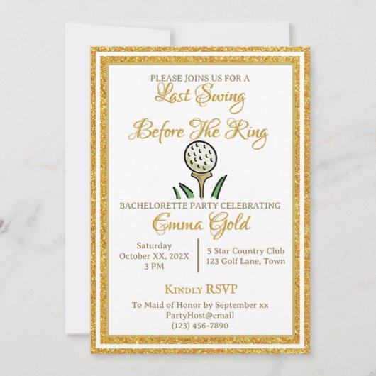 バチェロレッテ結婚ズゴルフ金ゴールドグリッターホワイト 招待状 (正面)