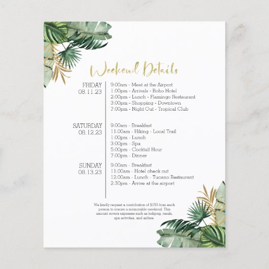 バチェロレッテ週末の旅程の予算招待状 (裏面)