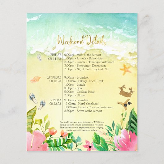 バチェロレッテ週末の旅程の予算招待状 (裏面)