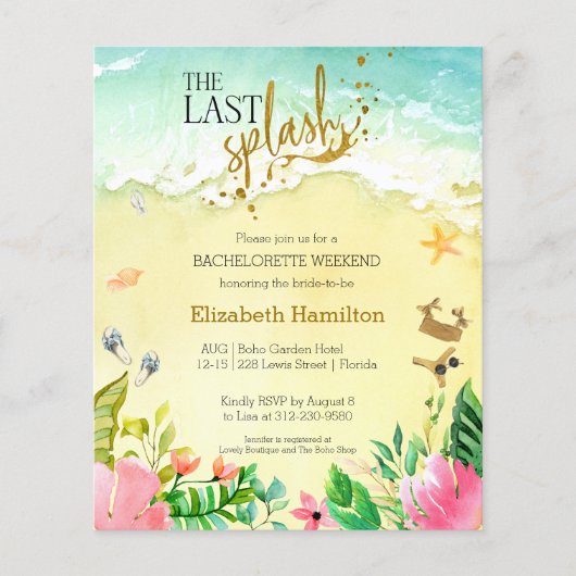 バチェロレッテ週末の旅程の予算招待状 (正面)