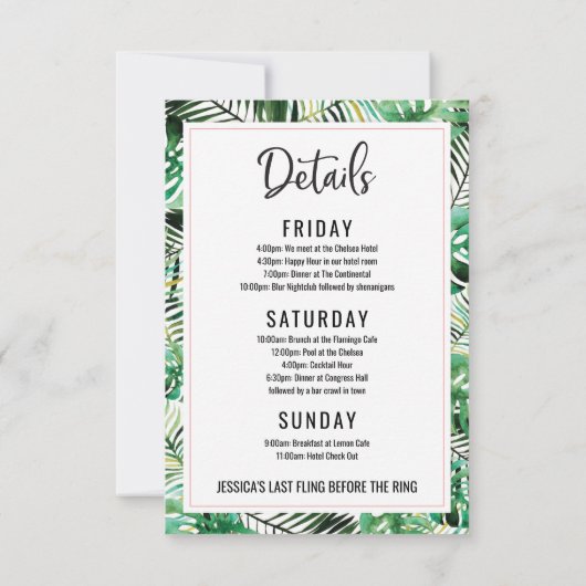 バチェロレッテ週末の旅程フラミンゴトロピカル 招待状 (裏面)