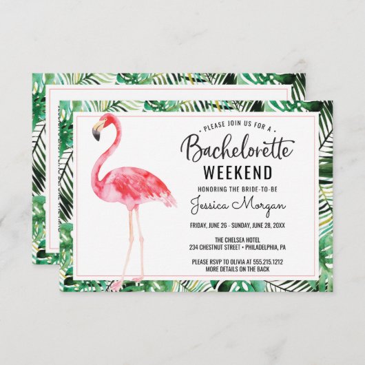 バチェロレッテ週末の旅程フラミンゴトロピカル 招待状 (正面/裏面)