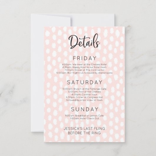 バチェロレッテ週末の旅程素朴ピンク 招待状 (裏面)