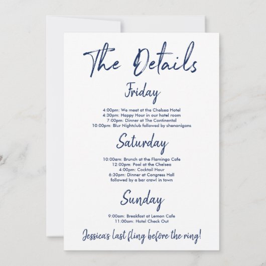 バチェロレッテ週末旅程ネイビー 招待状 (裏面)