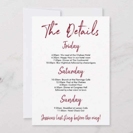 バチェロレッテ週末旅行日程 招待状 (裏面)