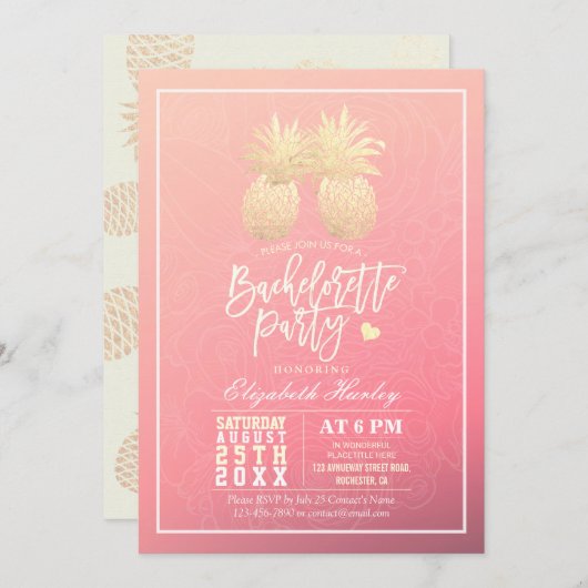 バチェロレッテ金ゴールドパイナップルカップルピンクローズ 招待状 (正面/裏面)