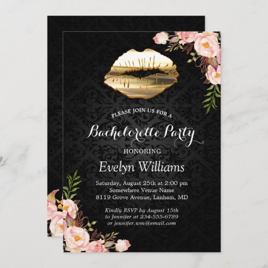 バチェロレッテ金ゴールドリップダマスク赤面フローラ 招待状 (正面/裏面)