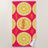 バチェロレッテ レモン スライス ピンク イエロー ビーチ タオル (正面)