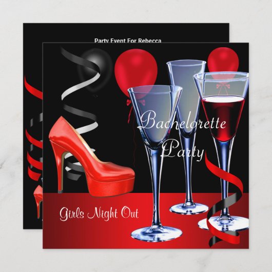 バチェロレットパーティーレッドシューハイハイヒールのワイン 招待状 (正面/裏面)