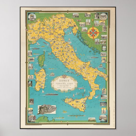 バチカン市国付きイタリアの古地図 ポスター (正面)