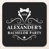 バチュラーパーティタキシードタイブラック スクエアペーパーコースター (正面)