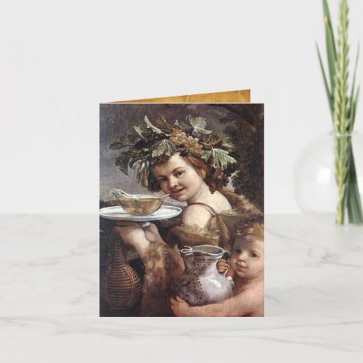 バッカス、ブドウ及び白ワインのパーチメント誕生日 カード (正面)