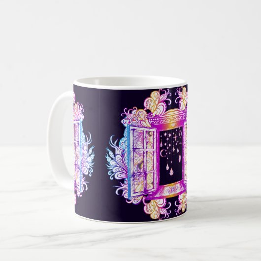 バックに対するペンダントを持つ開いたヴィンテージウィンドウ コーヒーマグカップ (正面左)