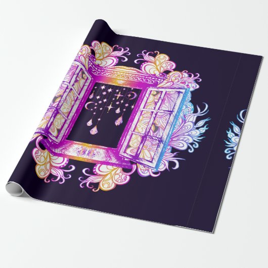 バックに対するペンダントを持つ開いたヴィンテージウィンドウ ラッピングペーパー (アンロールド)