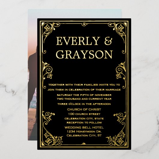 バックエレガントビクトリアン金ゴールド上の写真 箔招待状 (正面/裏面)