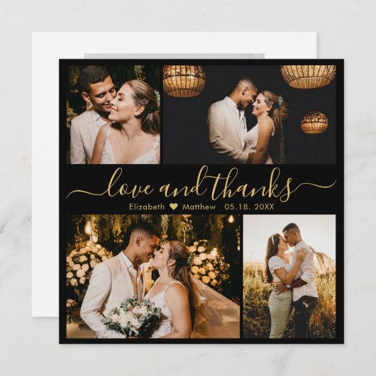 バックエレガント金ゴールドスクリプトフォトコラージュ結婚の サンキューカード (正面/裏面)